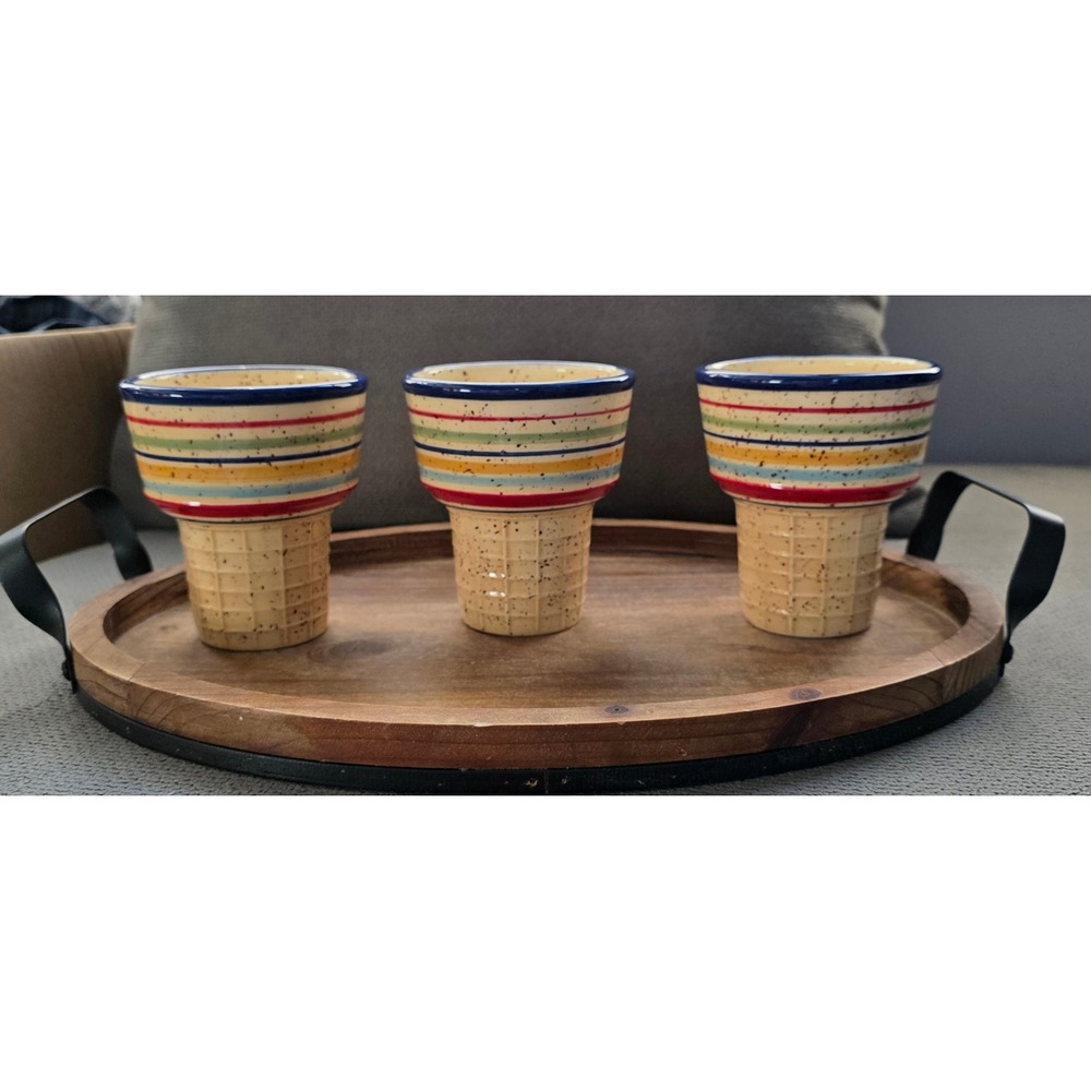 Pfaltzgraff Sedona Ceramic Ice Cream Cone Cups Set of 3 Hand Painted Striped